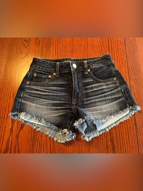 American Eagle Outfitters Dark Blue Frayed Hem Denim Shorts